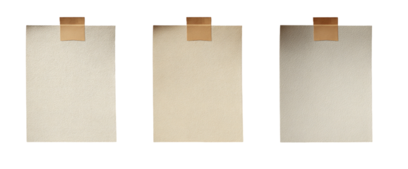 Three blank, beige-toned sheets of paper, each with a piece of tan tape affixed to the top