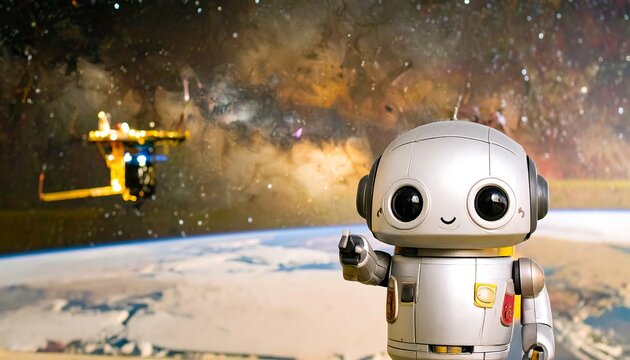 Cute robot in space, pointing