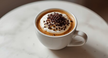 Beverage with Cream and Chocolate Pieces, Aromatic Hot Drink in a White Cup.