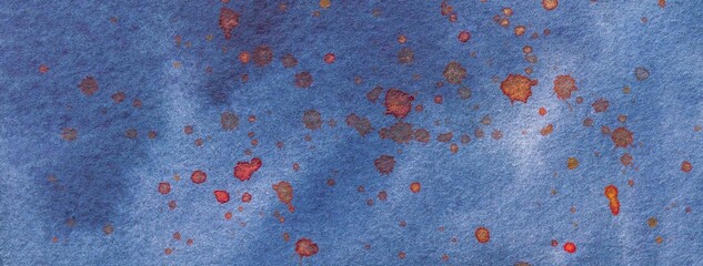 Abstract navy blue art watercolor background with red stains and splashes. Denim artistic pattern...