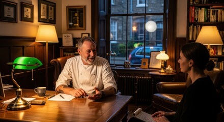 Chef interview in cozy office with female journalist discussing culinary arts