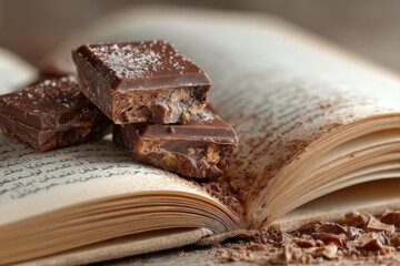 Minimalistic close-up of broken chocolate bars and shavings on open Arabic book, blending gourmet food with Middle Eastern culture and literature