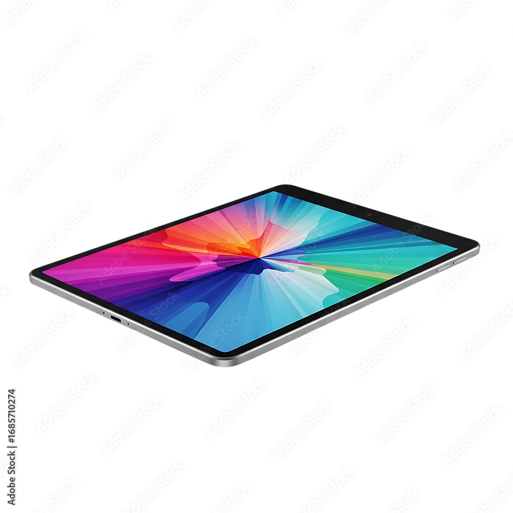 Poster modern tablet computer with a vibrant abstract wallpaper displayed on its screen, isolated on transp