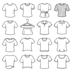 Collection of hand drawn sketch style t shirt designs for women and men featuring various necklines and sleeve styles