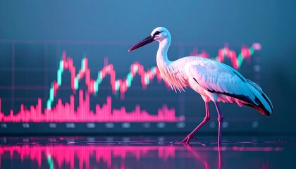 A stork stands on a reflective surface against a backdrop of vibrant stock market data