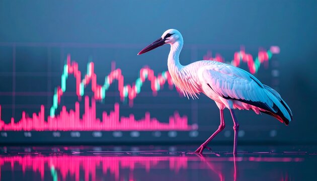 A stork stands on a reflective surface against a backdrop of vibrant stock market data