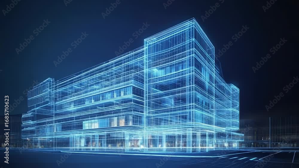 Poster abstract wireframe building rendering at night showing futuristic architecture