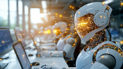 Collaborative Robots Working on Laptops in a Modern Office Setting A Futuristic Depiction of Artificial Intelligence and Advanced Technology