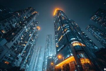 Fototapeta premium Futuristic high-rise buildings glowing at night under deep blue sky.
