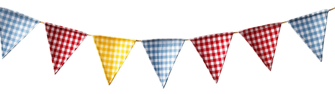 A garland of triangular flags in red, blue, and yellow gingham