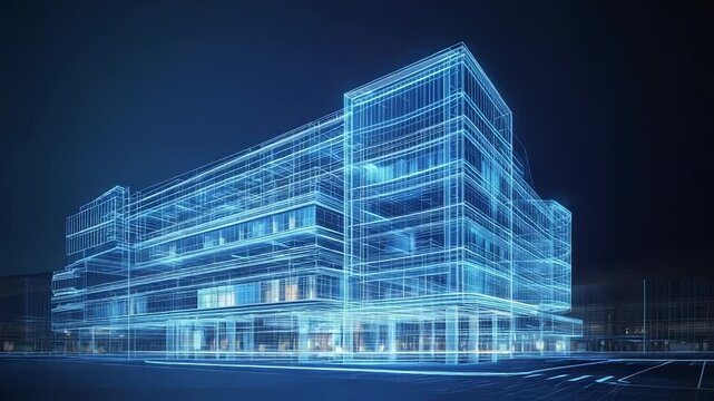 Abstract wireframe building rendering at night showing futuristic architecture