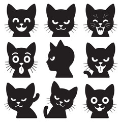 Fototapeta premium Collection of nine distinct black cat faces with various expressive emotions and playful cartoon styles on a white background