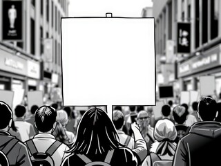 A crowd of protesters holding blank signs in a city street, symbolizing the call for change.