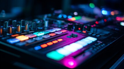 Fototapeta premium Colorful DJ mixer with glowing buttons and knobs in nightclub lighting setup.
