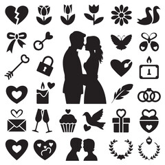 Collection of romantic love icons and silhouettes featuring couples hearts flowers and wedding symbols for valentine s day