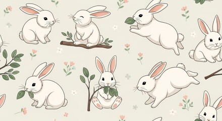 Adorable Bunny Floral Pattern: A Seamless Design of Rabbits and Flowers