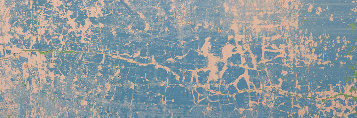 Peeling paint on the wall. Panorama of a concrete wall with old cracked flaking paint. Weathered rough painted surface with patterns of cracks and peeling. Wide panoramic texture for grunge background