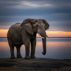 Obraz premium Majestic elephant portrait standing on a rocky coast at sunset time