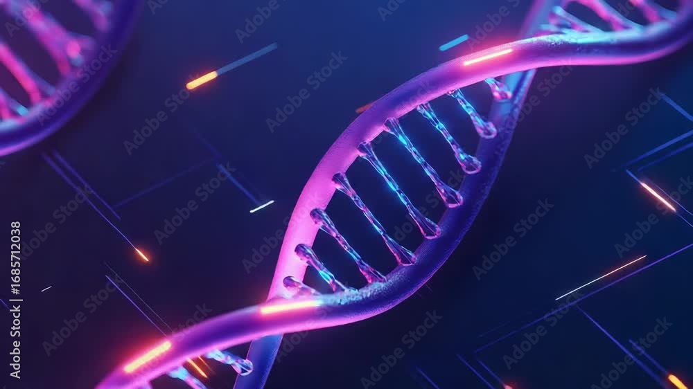 Poster dna double helix rotating on futuristic background with neon lights