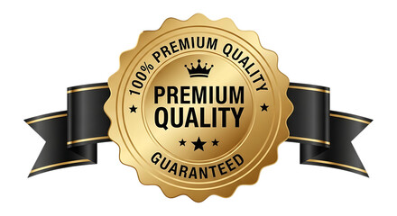 Gold Premium Quality Seal with Black Ribbon on Black Background