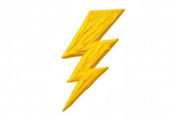 Vivid yellow lightning bolt with textured surface, radiating dynamic energy against transparent backdrop
