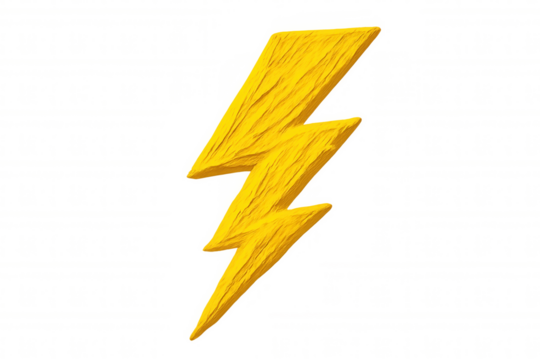 Vivid yellow lightning bolt with textured surface, radiating dynamic energy against transparent backdrop