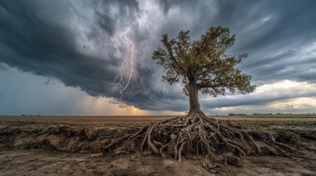 Lone tree with exposed roots under lightning storm on open field landscape.. - Powered by Adobe