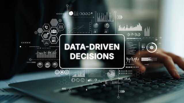 Data-Driven Decisions Concept with Modern Technology and Analytics Graphics on Laptop Keyboard. Asymptotic smart data analytic.