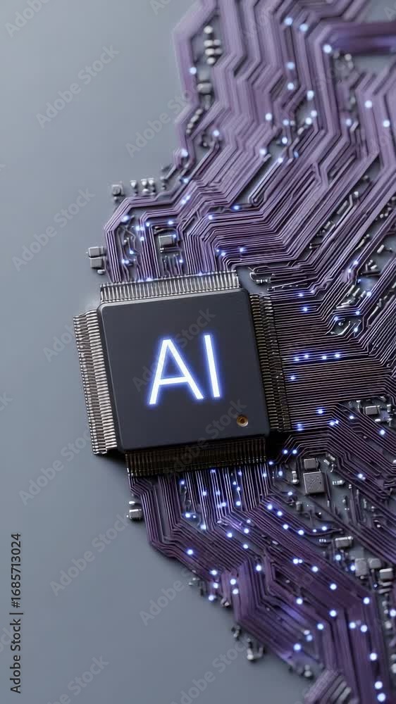 Poster artificial intelligence microchip glowing with vibrant purple light, highlighting advanced semicondu