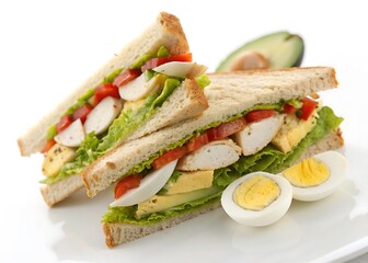 Chicken and boiled egg sandwich layered with fresh fillings on a clean white backdrop