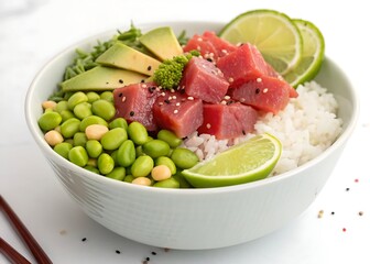 Colorful tuna poke bowl with edamame beans and lime garnish on a clean white backdrop