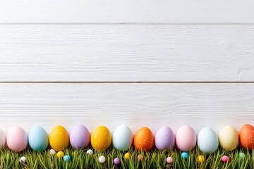 Colorful Easter eggs in a row on white wooden background. Copy space for text. Chicken eggs of different solid colors. Festive decorated Easter pattern vibrant colors. Charming Easter greeting card