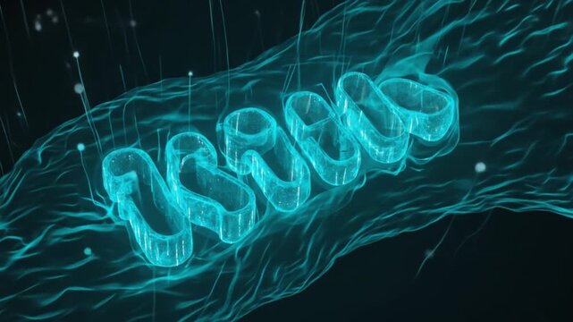 Glowing representation of a mitochondrion in a cellular environment, showcasing energy production