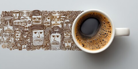 Modern workspace inspiration with coffee mug beside abstract face illustration, ideal for creative, artistic, and productivity-related marketing contexts