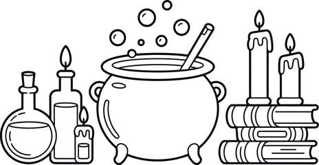 Halloween themed illustration with a cauldron potion bottles candles and books