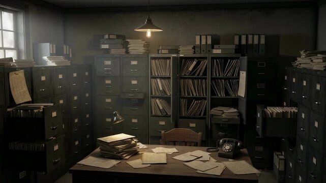 Dust, reports, and filing cabinets in an administrative office, representing the concept of bureaucracy and vast information storage footage.
