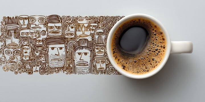 Modern workspace inspiration with coffee mug beside abstract face illustration, ideal for creative, artistic, and productivity-related marketing contexts