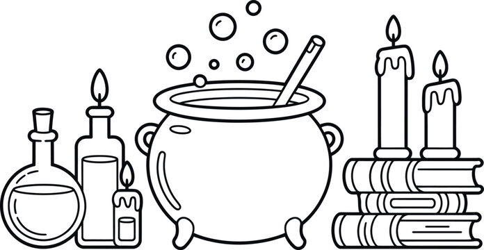Halloween themed illustration with a cauldron potion bottles candles and books