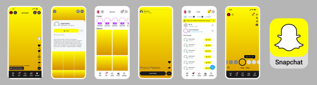 Snapchat UI mockup template with spotlight, stories, chat and profile screens. Social media mobile screen layout showing snaps, messages, friends and interactive interface design.