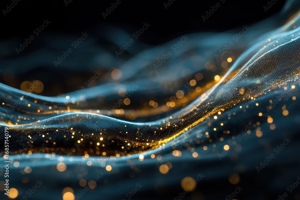 Poster digital particle waves emitting light in an abstract composition with flowing elements and shimmerin