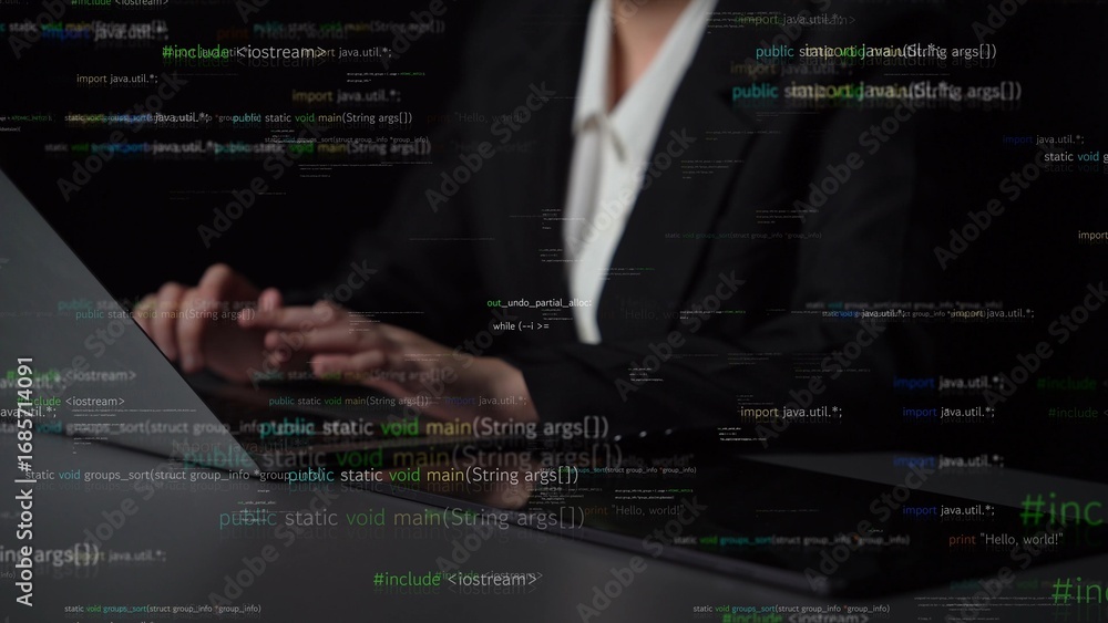 Aufkleber a focused business professional types on a laptop surrounded by abstract programming code, emphasizi