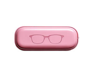 Pink eyeglasses case, oval shape, with glasses design