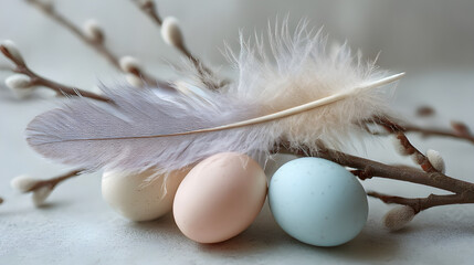 Pastel Easter Eggs with Pussy Willow Branch and Feathers