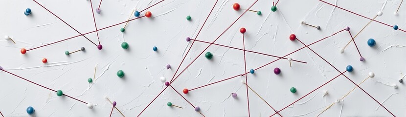 Geometric String Art on White Wall with Colorful Pins Connected by Red Thread, Symmetrical Minimalist Design Display