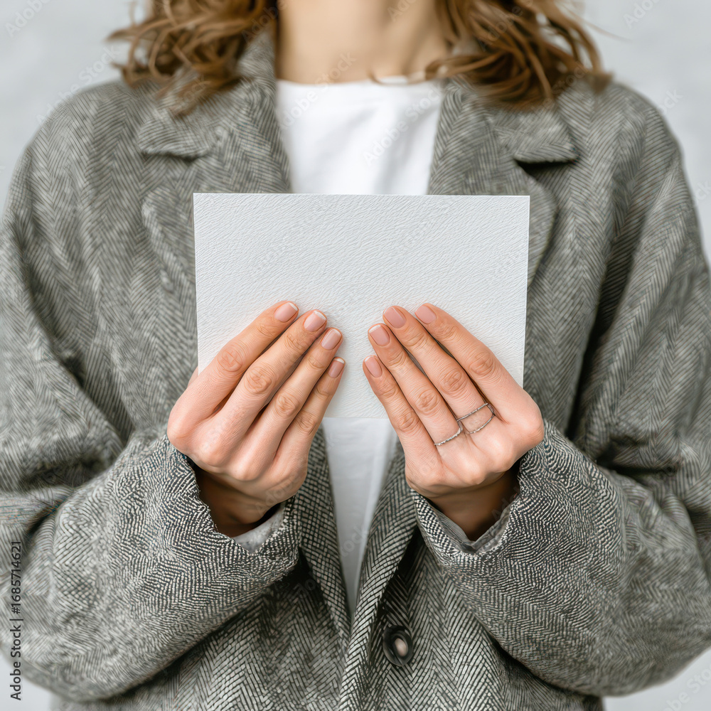 Poster holding a blank canvas: an individual tenderly holds a square, pristine card in a minimalistic, sere