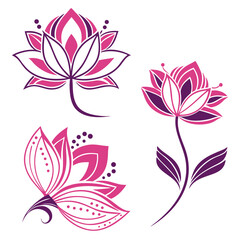 Lotus flower icons. Pink with Purple lotus flower. Vector lotus icons set on white background