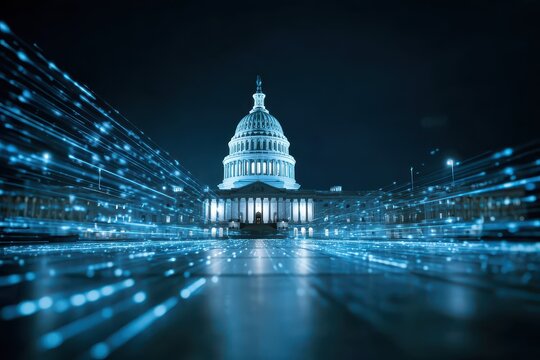 Futuristic financial data visualization outside a government building, showcasing innovative technology with vibrant blue lighting at night