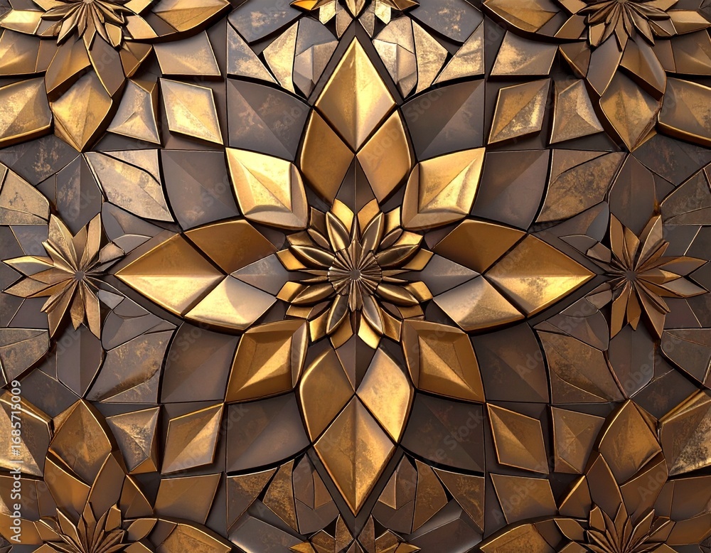 Poster intricate mosaic of golden and bronze fragments creating geometric floral patterns with subtle depth