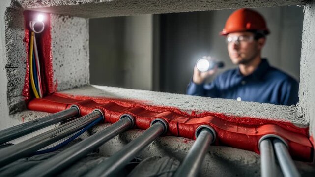 Inspection of newly applied firestop sealant in electrical conduit gaps preventing fire and smoke passage through wall openings.