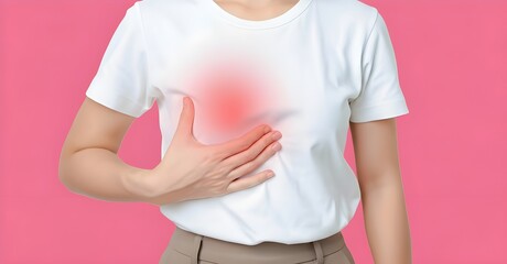 Woman highlighting breast area with a red glow, representing pain, health, or breast cancer.